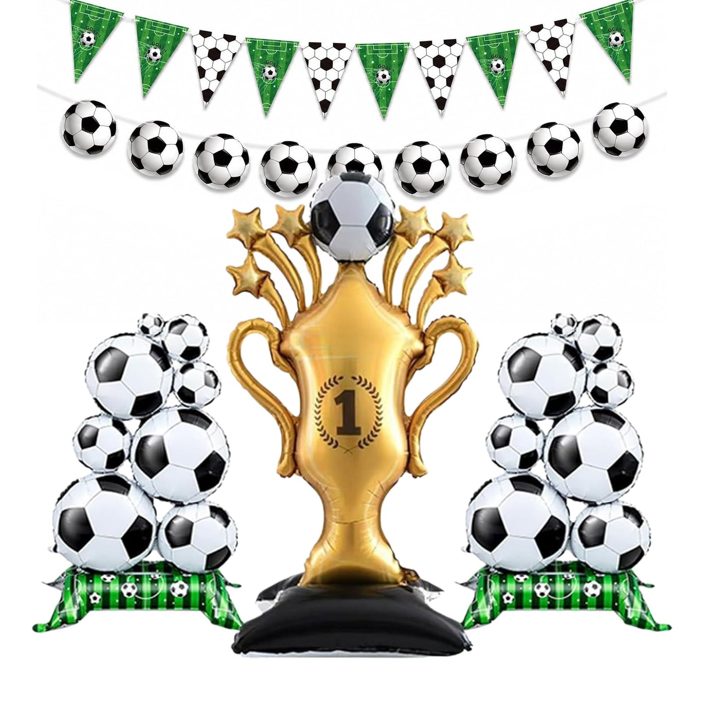 Dingpanxing 5PCS Soccer Party Decorations - 59" Trophy Balloon, Soccer Ball Foil Balloons, Pennant Banner for Birthday, Game Day, 2026 World Cup, Football Themed Party Supplies