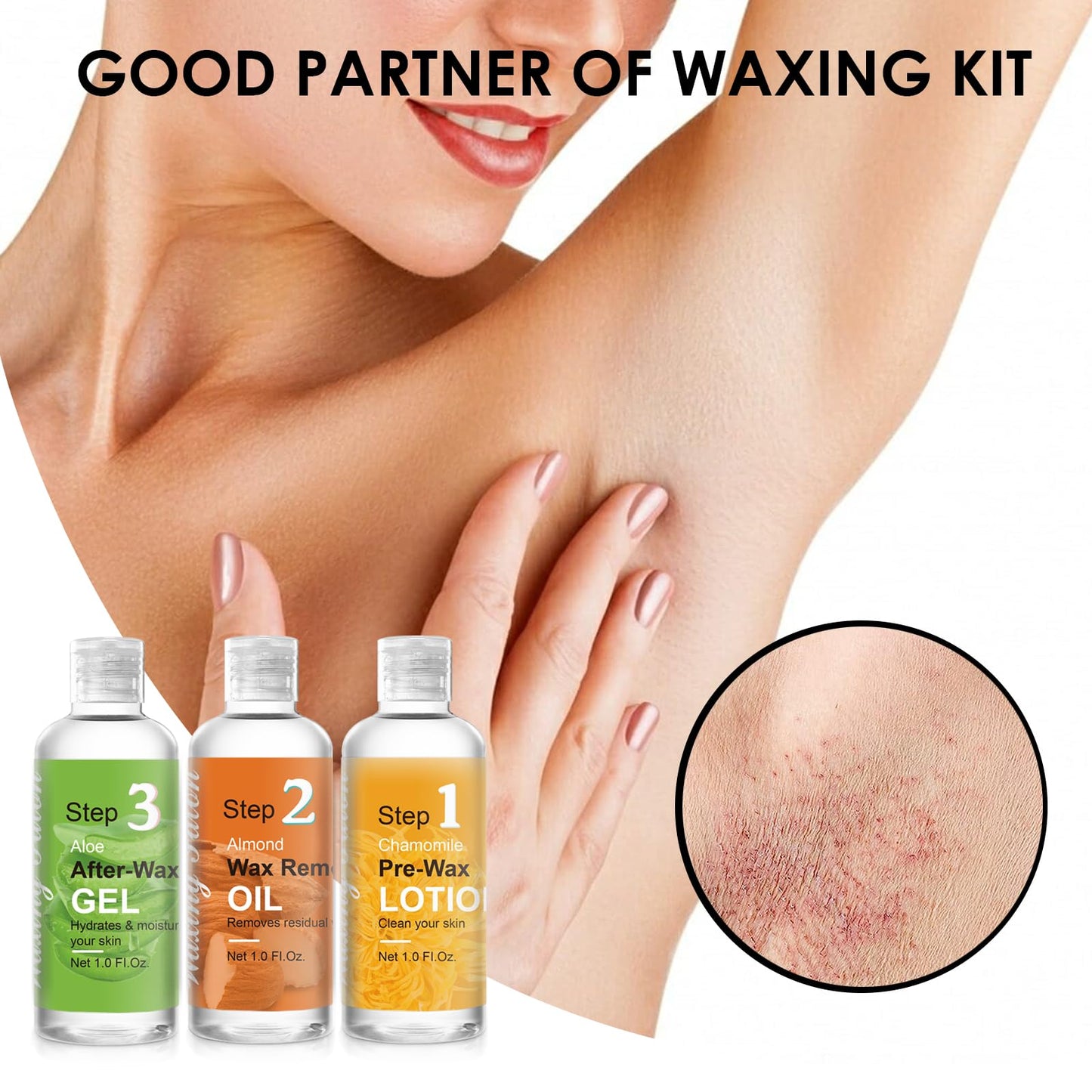 Before And After Waxing Skin Care Products, Chamomile Pre Wax Cleanser Lotion, Almond Oil Moisturizing Wax Remover, Post Wax Cooling Aloe Vera Gel, 3 Bottles Hair Removal Waxing Kit for Women