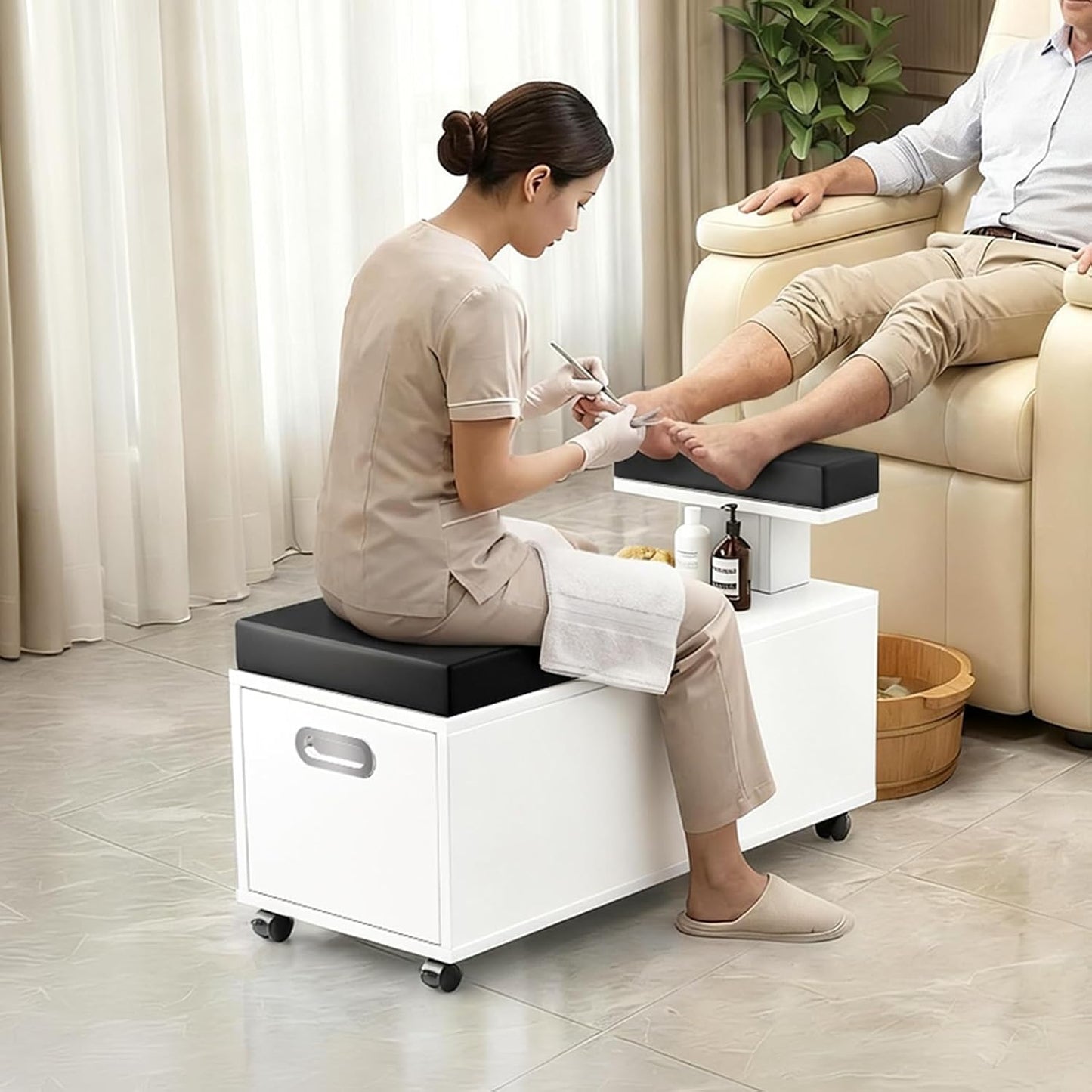 Pedicure Cart - OmySalon Foot Bath Trolley with Storage Drawer & Foot Rest | White, Locking Wheels for Beauty Spa