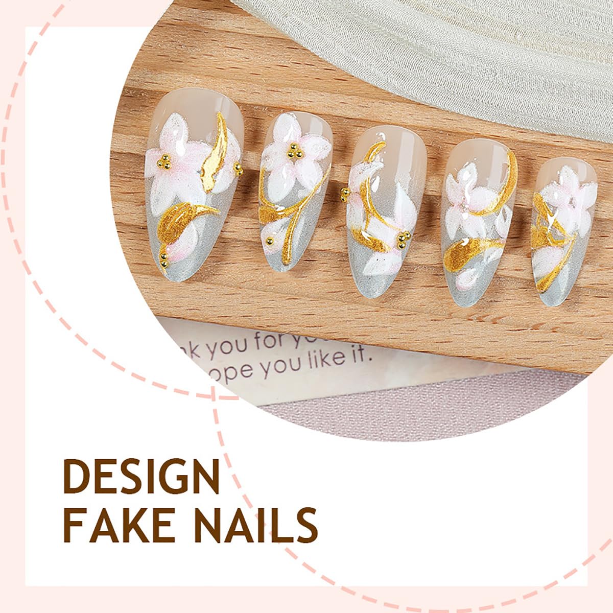 24Pcs Flower Press On Nails - Medium Almond 3D Floral Design with Gold Lines | Cute Spring Full Cover Fake Nails