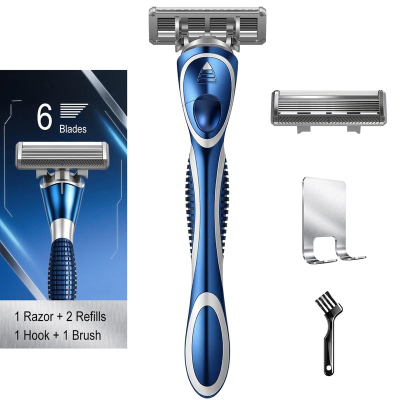 FYNEDGE 6-Blade Manual Razor for Men with Lubricating Strip, 1 Ergonomic Non-Slip Handle Includes 2pack Razor Blade Refill Cartridges, with Hanging Hook & Cleaning Brush, Full Washable Design