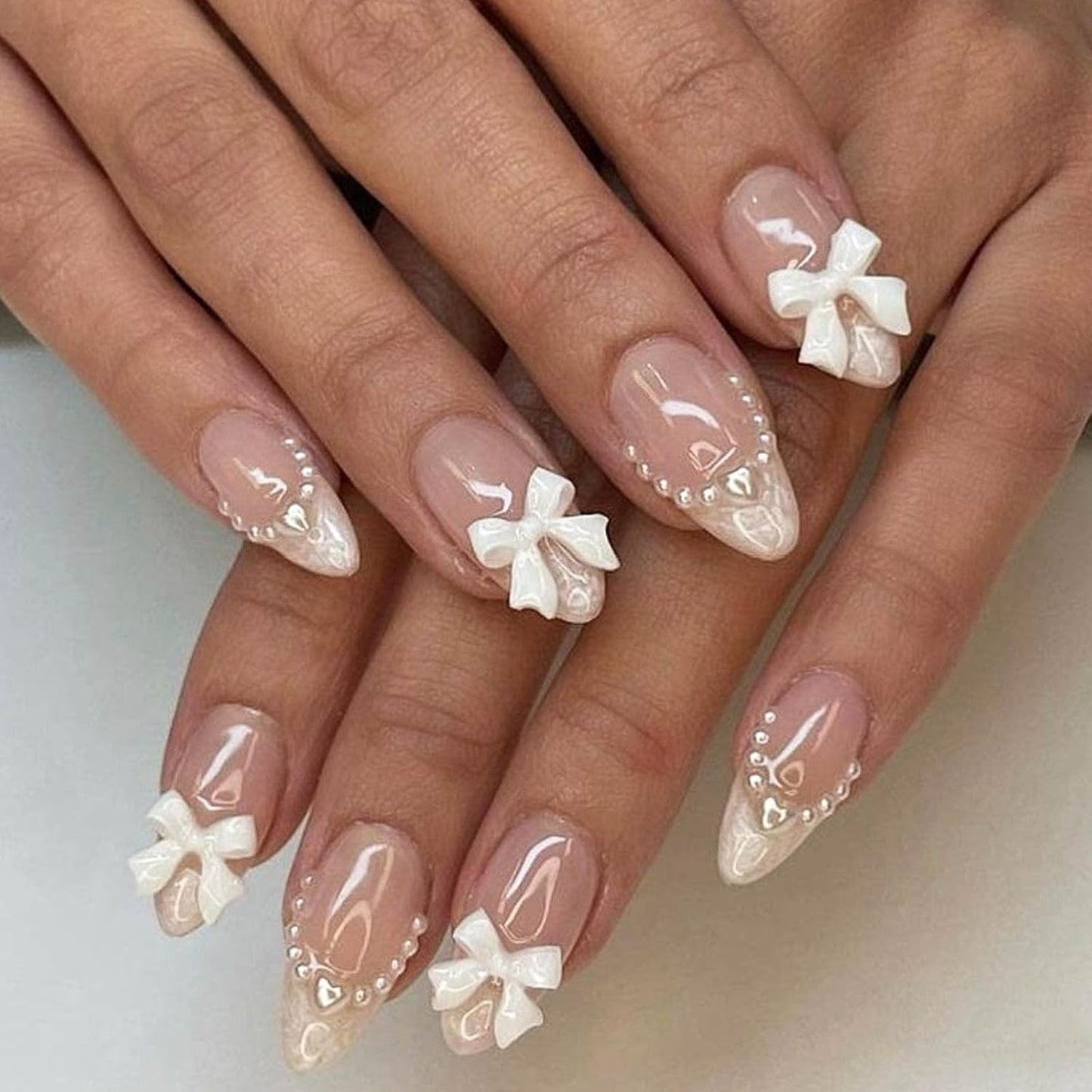 French Tip Press-On Nails - Medium Almond Shape with 3D Bow & Pearl Charms | 24 Pcs Spring Design