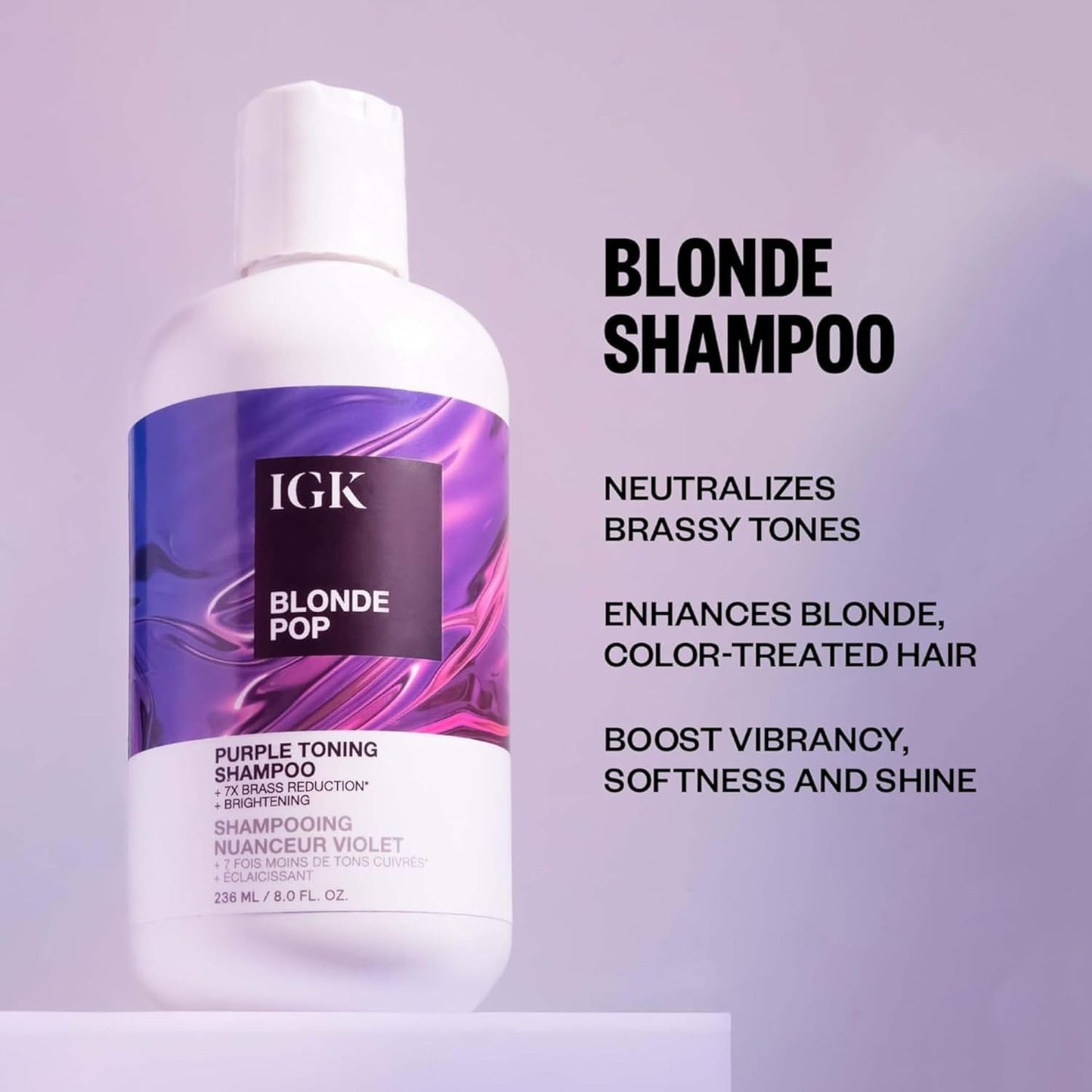 IGK Blonde Pop Purple Shampoo - Neutralizes Brass & Brightens Blonde | Toning Shampoo for Color-Treated Hair | 8 Oz