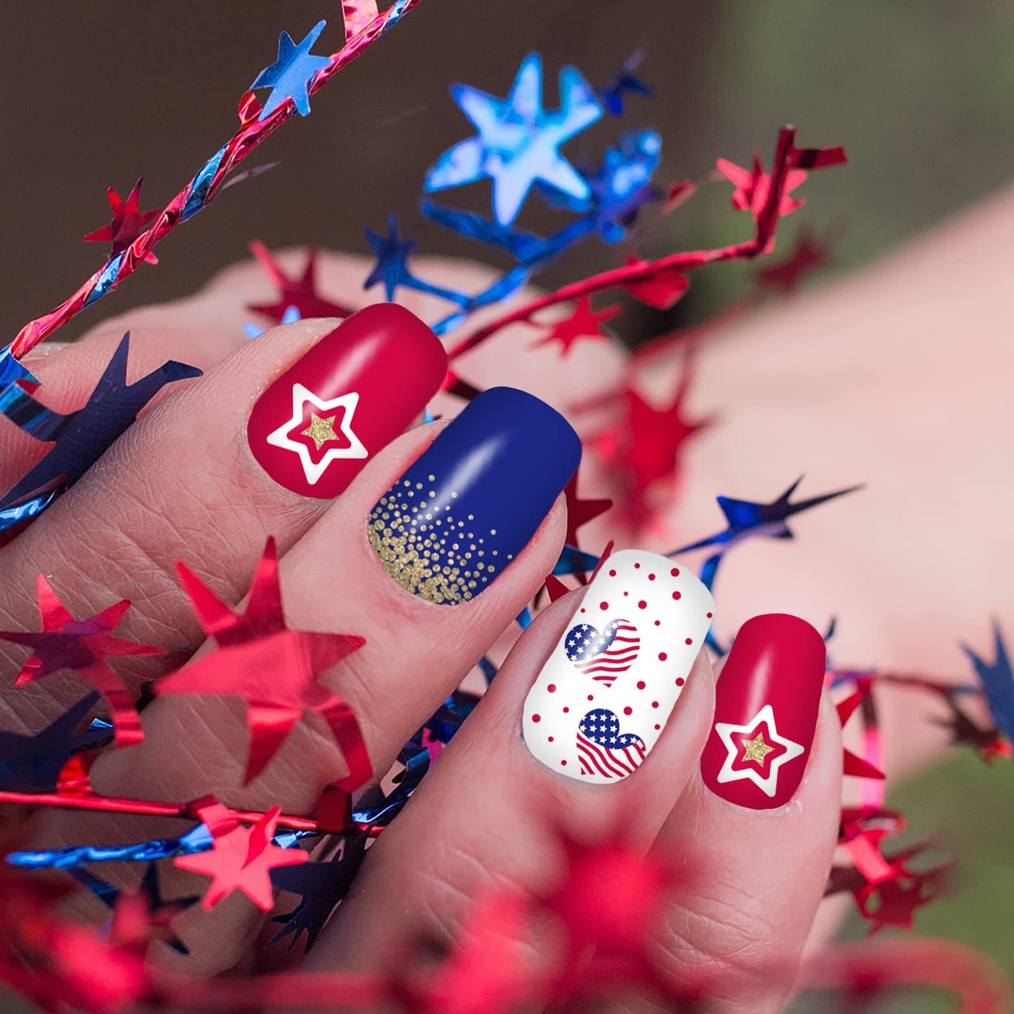 12 Sheets 4th of July Nail Wraps Stickers, Independence Day Full Nail Polish Strips, Memorial Day DIY Self-Adhesive Nail Art Decals Patriotic American Flag Pattern Decor with 2 Piece Nail Files