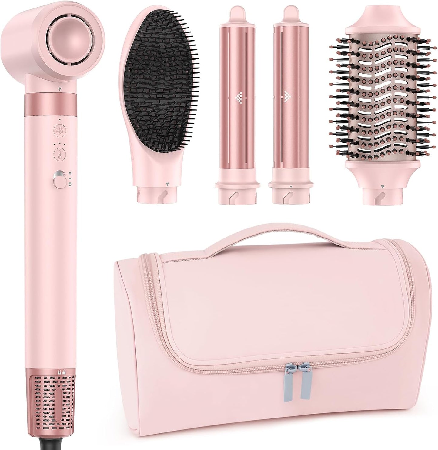 Dual Voltage Hair Dryer Brush - 5 in 1 Hot Air Styler with Auto Wrap Curlers | Fast Drying, Volumizing, Peach Pink