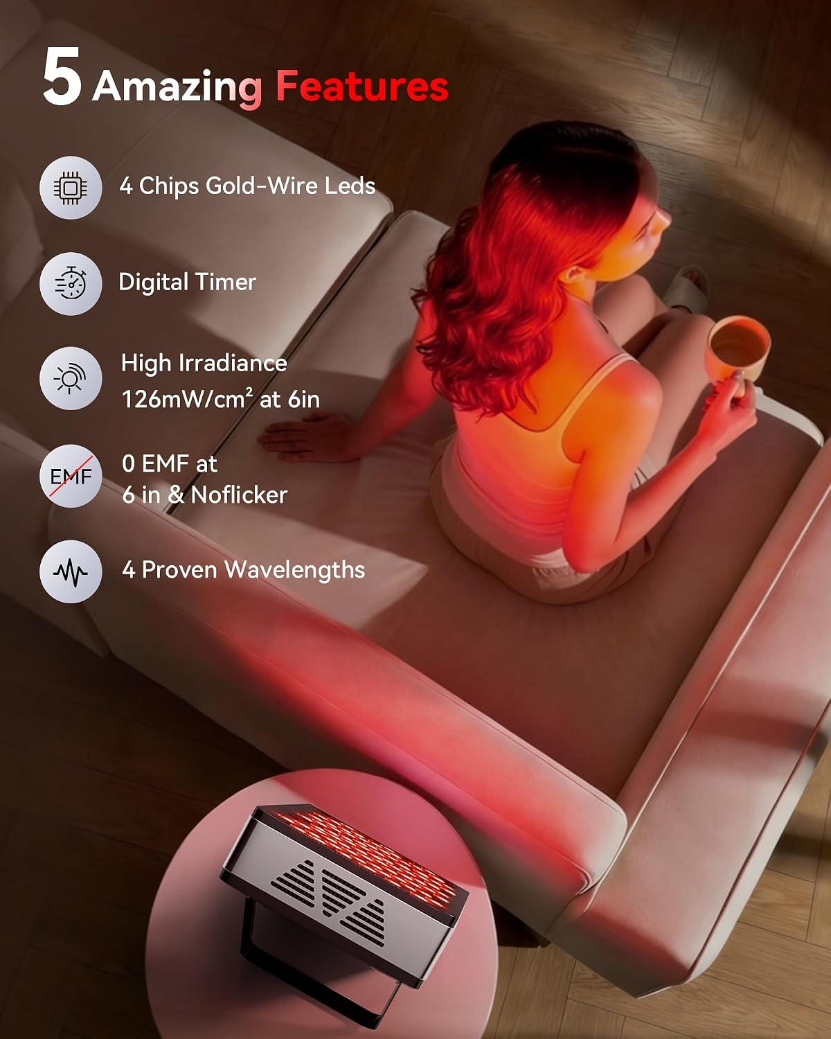 FLIKEZE Red Light Therapy Panel - 4-Chip 630nm/660nm/830nm/850nm | Dimmable, Timer & 3 Modes for Body and Face