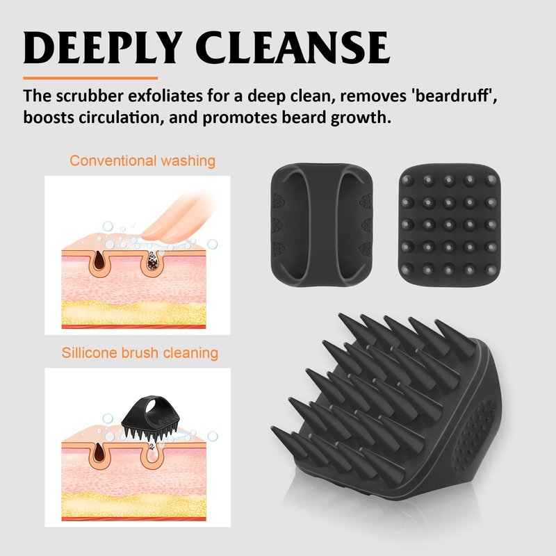 YEALIR Beard Scrubber & Hook - Silicone Beard Brush for Deep Cleaning and Exfoliation, Helps Reduce Dandruff & Itching, Non-Slip Handle & Soft Durable Longer Bristles
