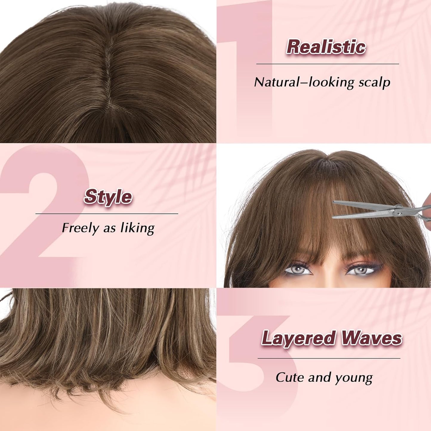 Brown Short Bob Wig with Bangs - Wavy Layered Shoulder Length | 14 Inch Synthetic Hair for Women