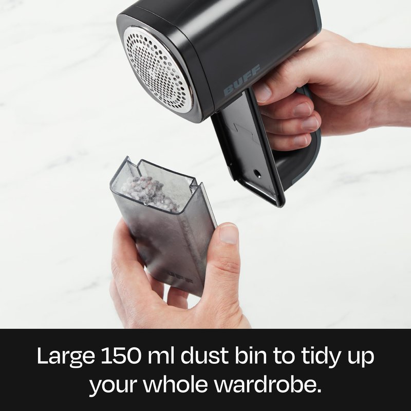 BUFF Fabric Shaver + Lint Remover, Sweater Defuzzer with 3 Motor Speeds, Remove Pills from Blankets, Couch, Clothing, Furniture, Stainless Steel Blade, USB-C Rechargeable – Black