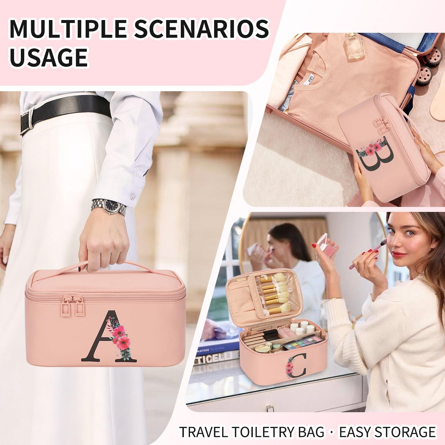 OCHEAL Initial Makeup Bag,Monogram Make up Bag Pink Travel Makeup Organizer Case Beauty Toiletry Cosmetic Bag with Brush Holder, Trendy Stuff Personalized Gifts for Women and Girls-M