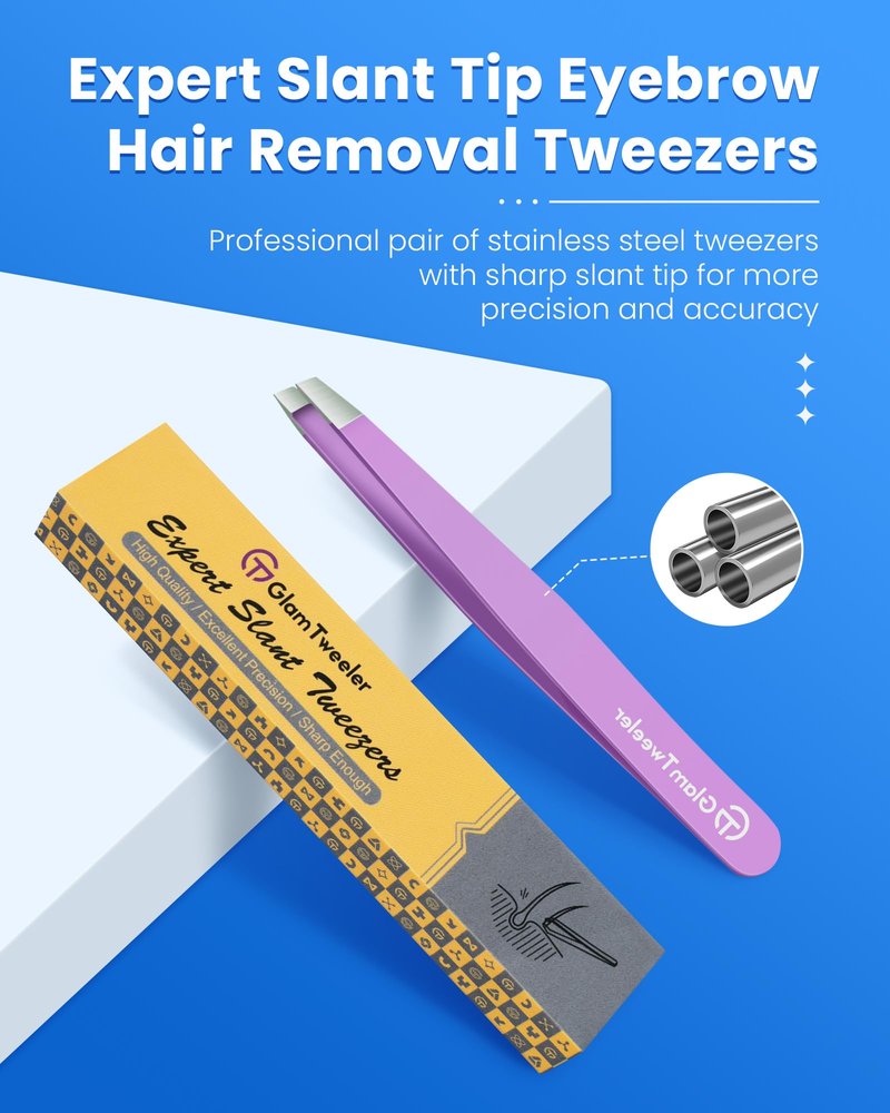 Expert Eyebrow Hair Removal Tweezer with Leather Case, GlamTweeler High Precision Slant Tip Stainless Steel Tweezers for Men and Women (Glitter Silver)