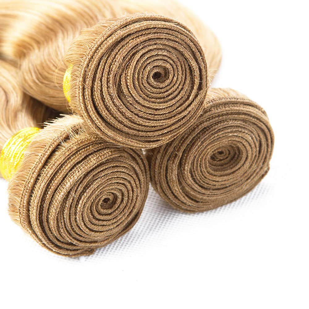 P27/613 Highlight Blonde Bundles Human Hair Honey Blonde Deep Wave Bundles 12 14 16 Inch 3 Bundle Unprocessed Brazilian Virgin Hair 50 Gram Per Bundle Deals Quick Weave Hair Extensions