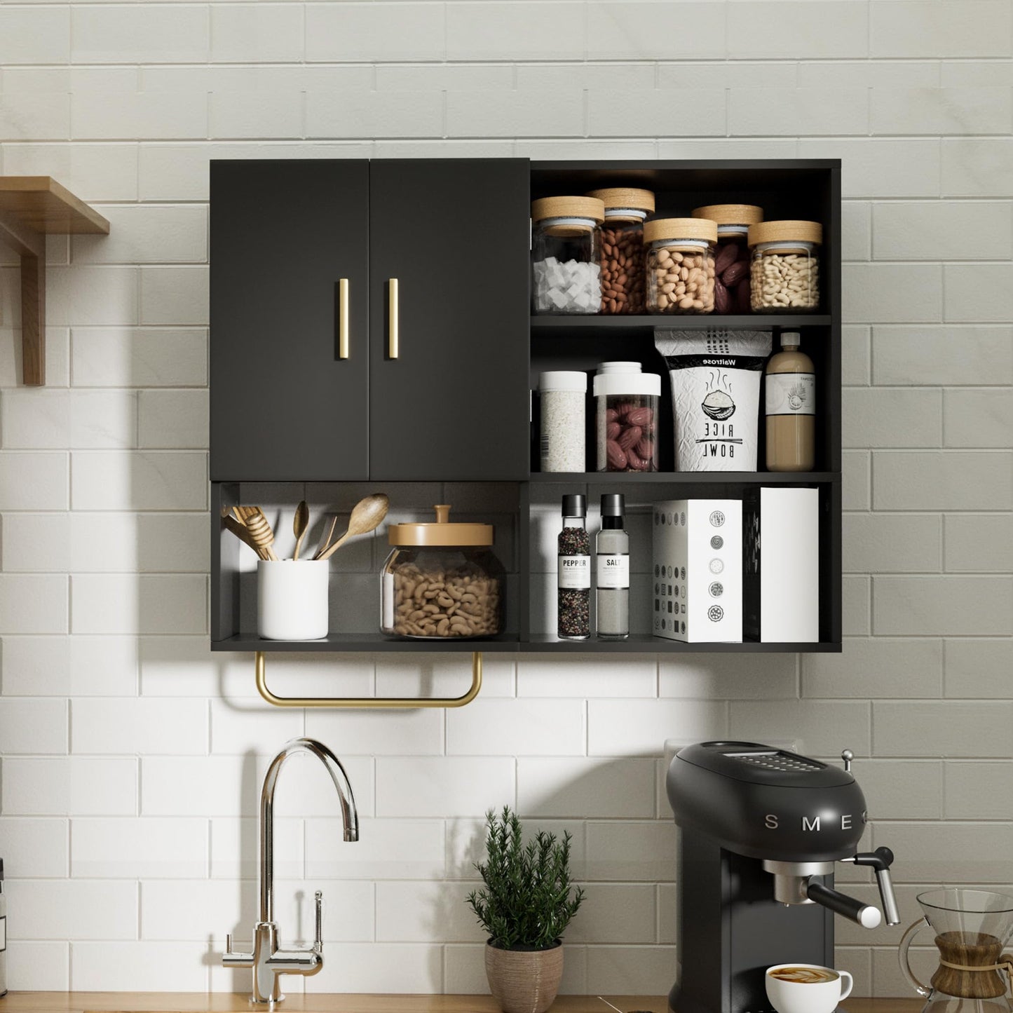 Tltaroni Bathroom Wall Cabinet Wood Large Wall Mounted Medicine Cabinet with 2 Doors and 4 Open Shelves Over Toilet Storage Cabinet Organizer with Towel Bar, Black