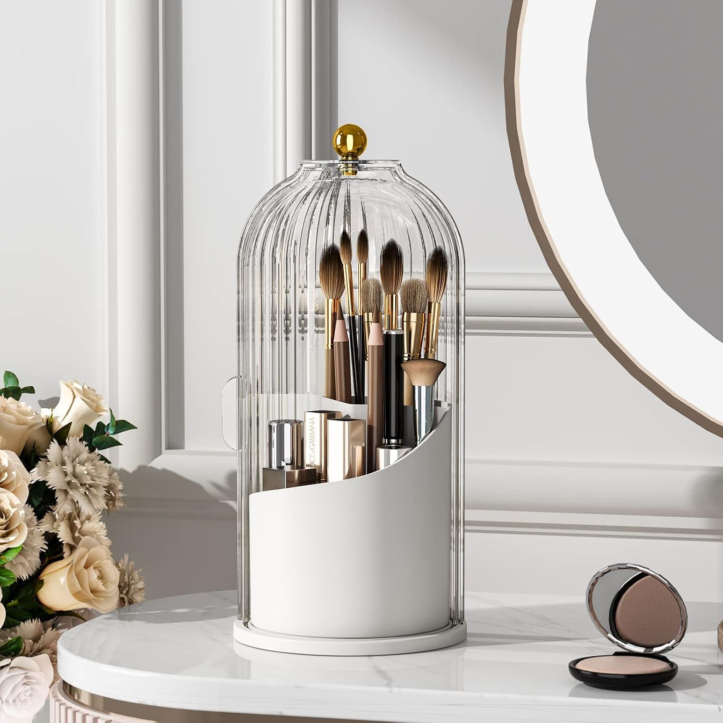 Makeup Brush Holder - 360 Rotating Clear Organizer with Lid for Vanity & Bathroom Countertop | Dustproof Design