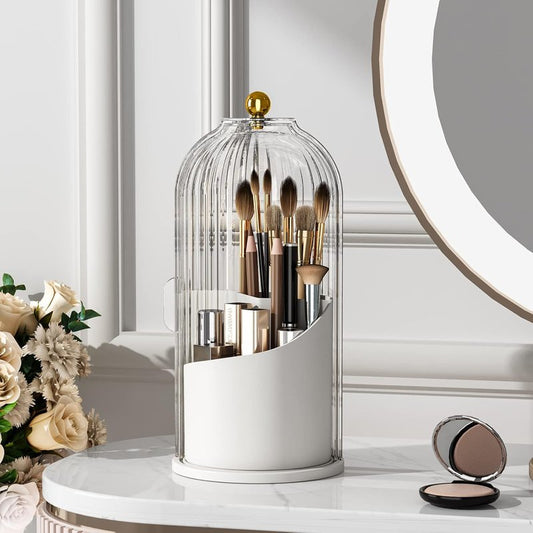 Makeup Brush Holder - 360 Rotating Clear Organizer with Lid for Vanity & Bathroom Countertop | Dustproof Design