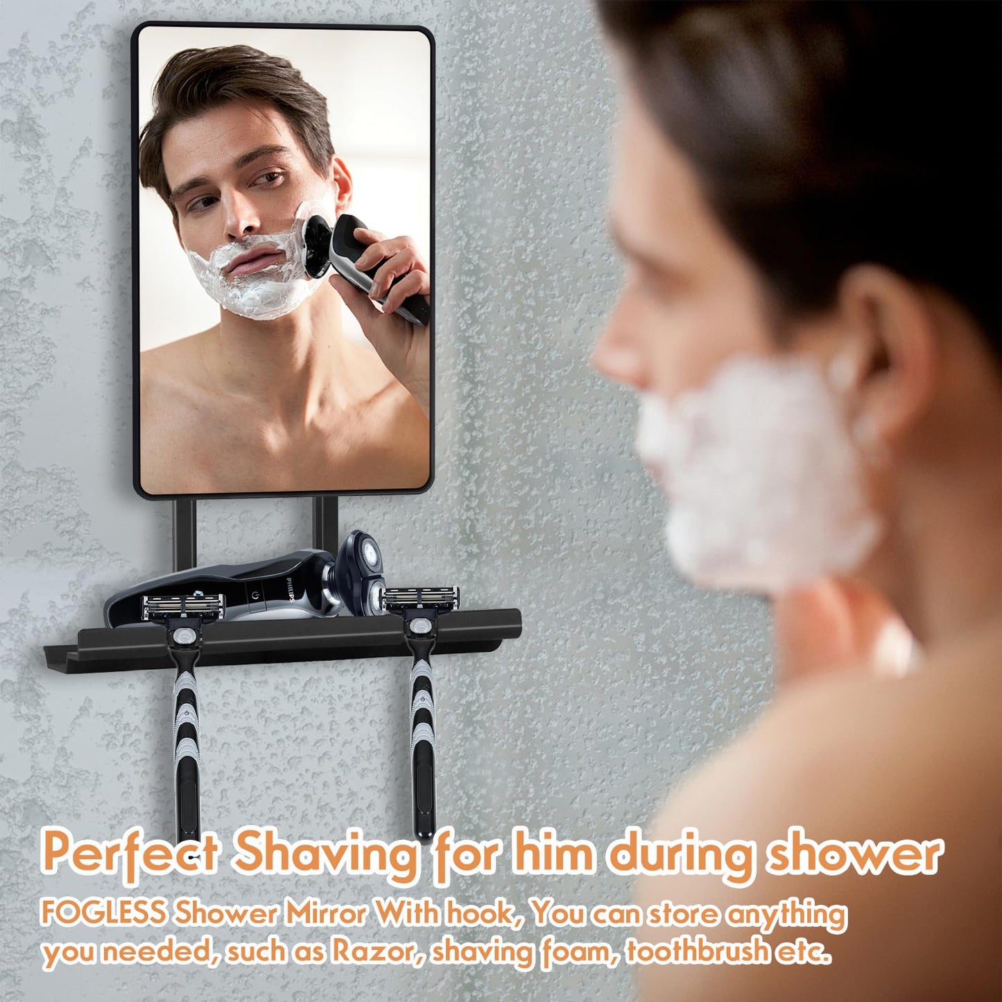 deweisn Fogless Shower Mirror, 360° Rotation Adjustable Shaving Mirror,Bathroom Shower Mirror with Multifunctional Storage Tray and Razor Holders