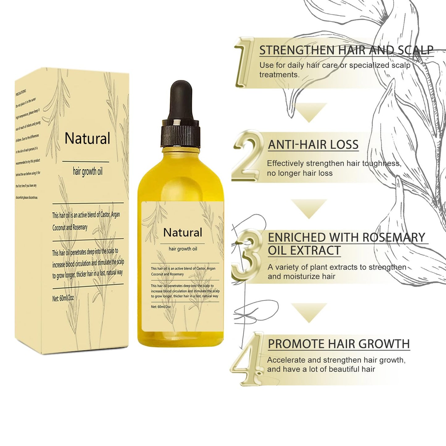 Vegan Natural Hair Growth Oil, 2 PCS Rosemary Oil for Hair Growth Organic, Hair for Dry Damaged Hair and Growth