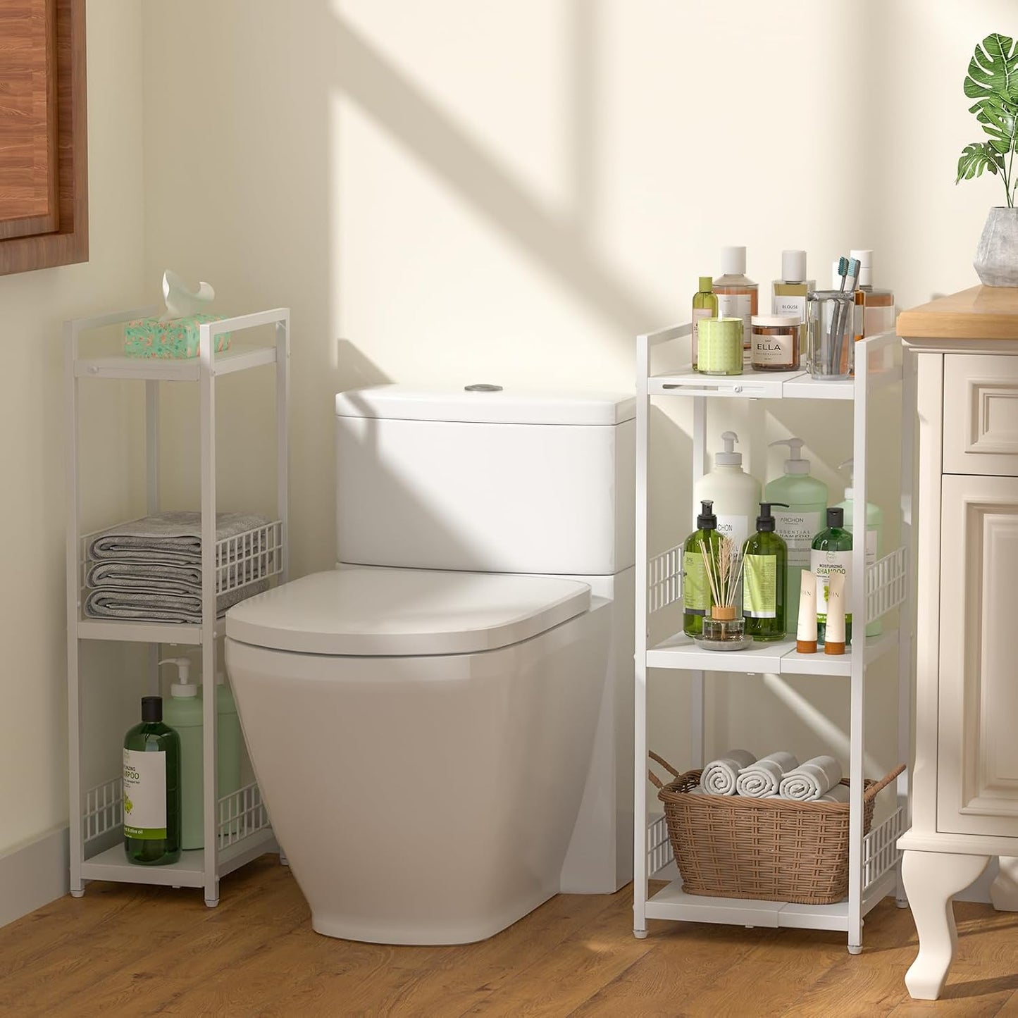 Expandable Slim Storage Shelf - 3 Tier Metal Shelving Unit for Bathroom, Kitchen & Laundry | White