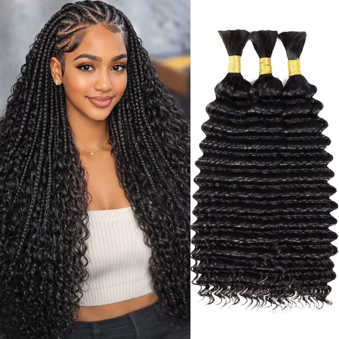 Boho Hair for Braiding, Curly Virgin Human Braiding Hair for Women, 12A Knotless Deep Wave Bulk Bohemian Styles, 150g 16 Inch 3 Bundles/Pack Natural Black
