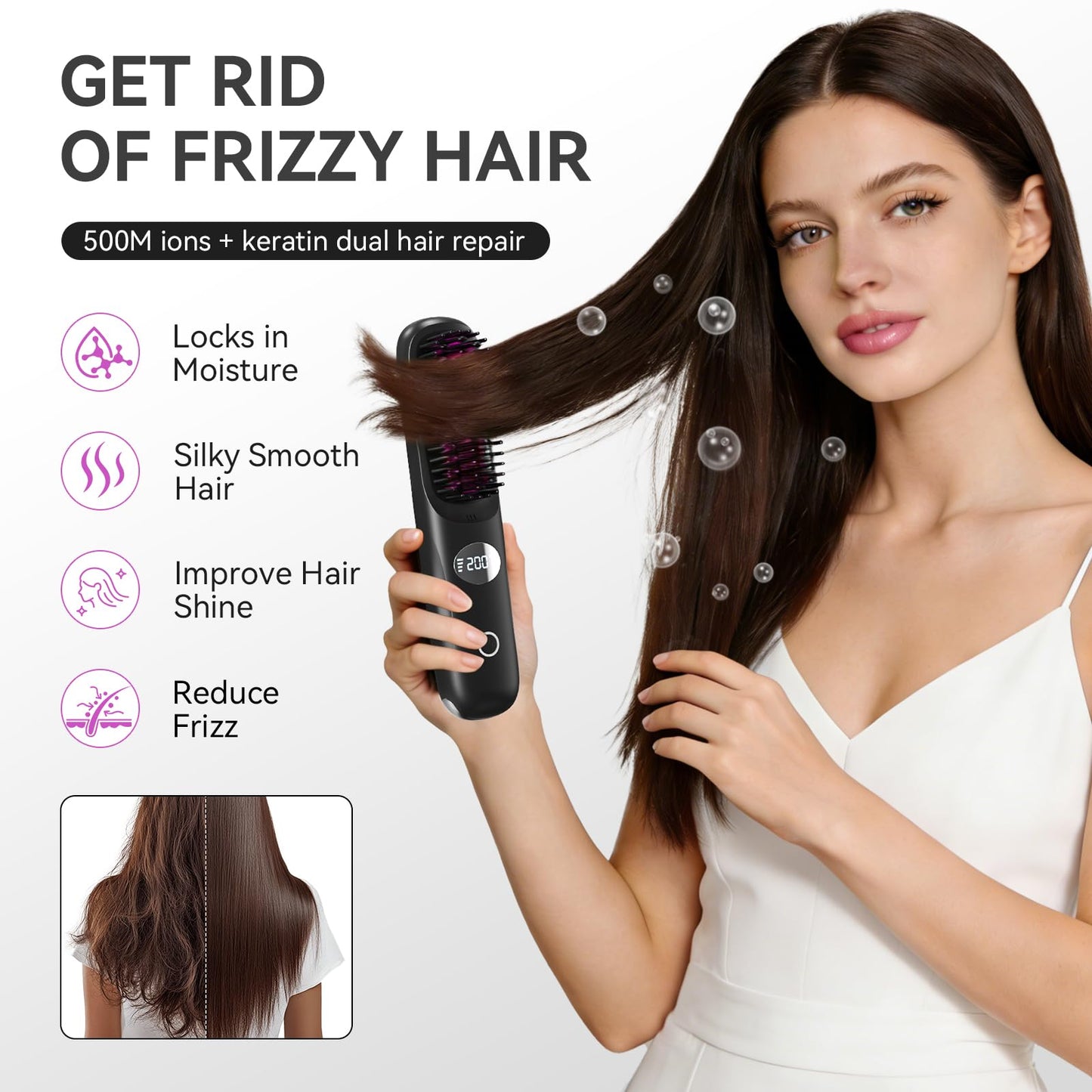Go Brush Pro 2026 Negative Ionic Cordless Hair Straightener Brush Fast Heating Ceramic Brush for Women Portable Straightener Brush Smooth Frizz Free Hair Brush CP-S8