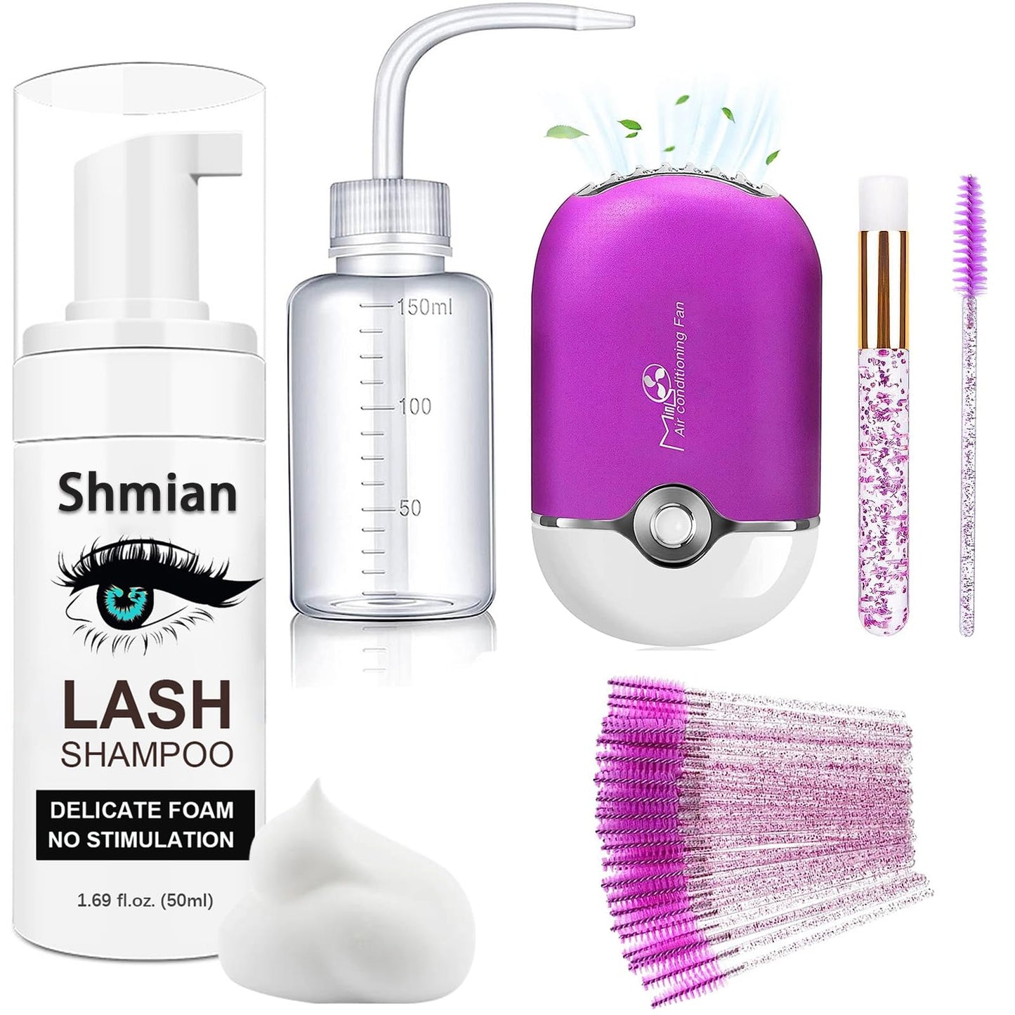 Shmian Lash Shampoo for Lash Extensions, Lash Fan 50ml Eyelash Foam cleanser with 50 Pcs Eyelash Brush and Rinse Bottle Oil Free/Sulfate Free Eyelash Wash Remover, Purple