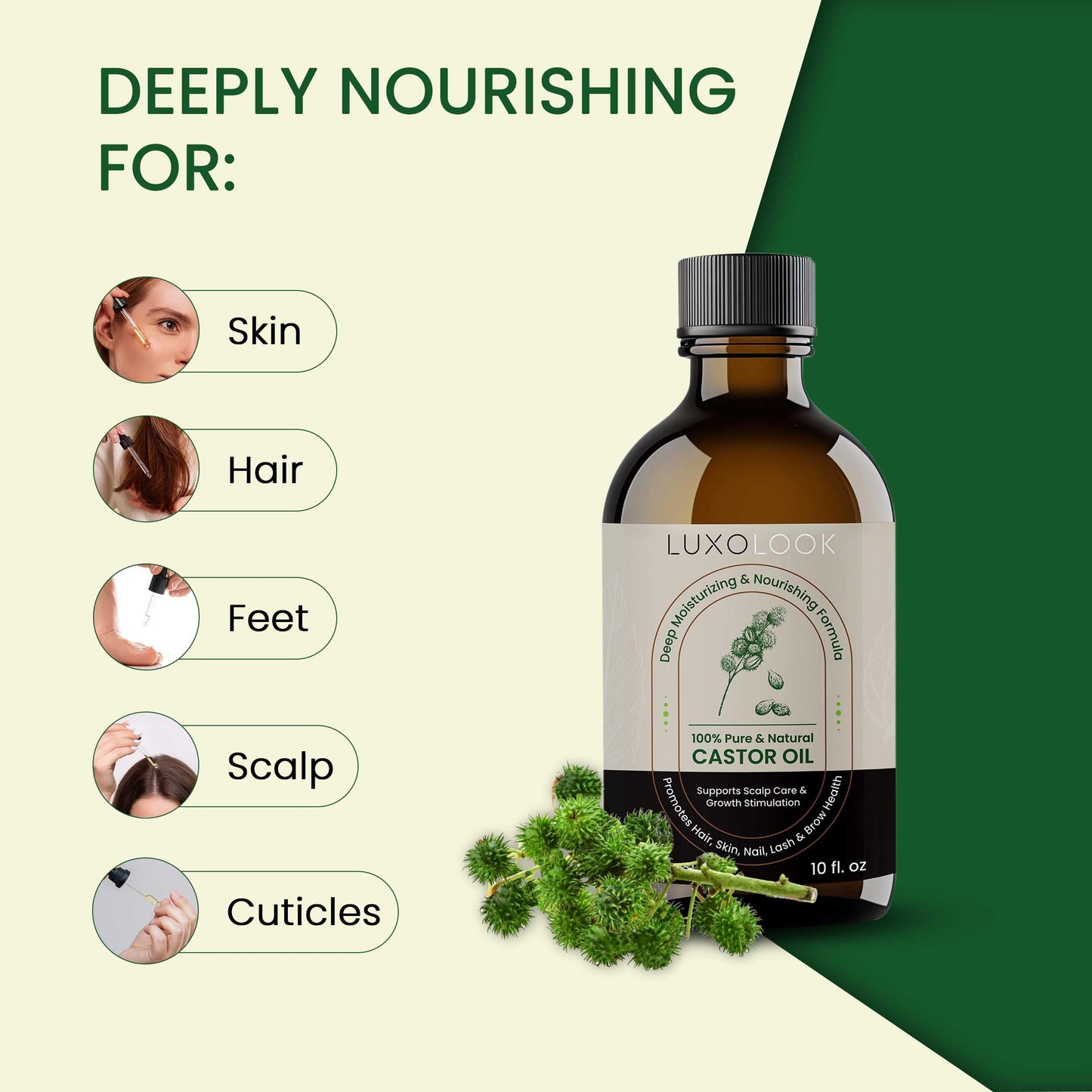 Pure Castor Oil (10oz) - Cold Pressed 100% Castor Oil for Hair Growth, Skin, Eyebrows, Eye Lashes, Nails & Cuticles - Hexane Free, Natural & Unrefined - Includes Dual Mascara, Dropper & LuxoLook
