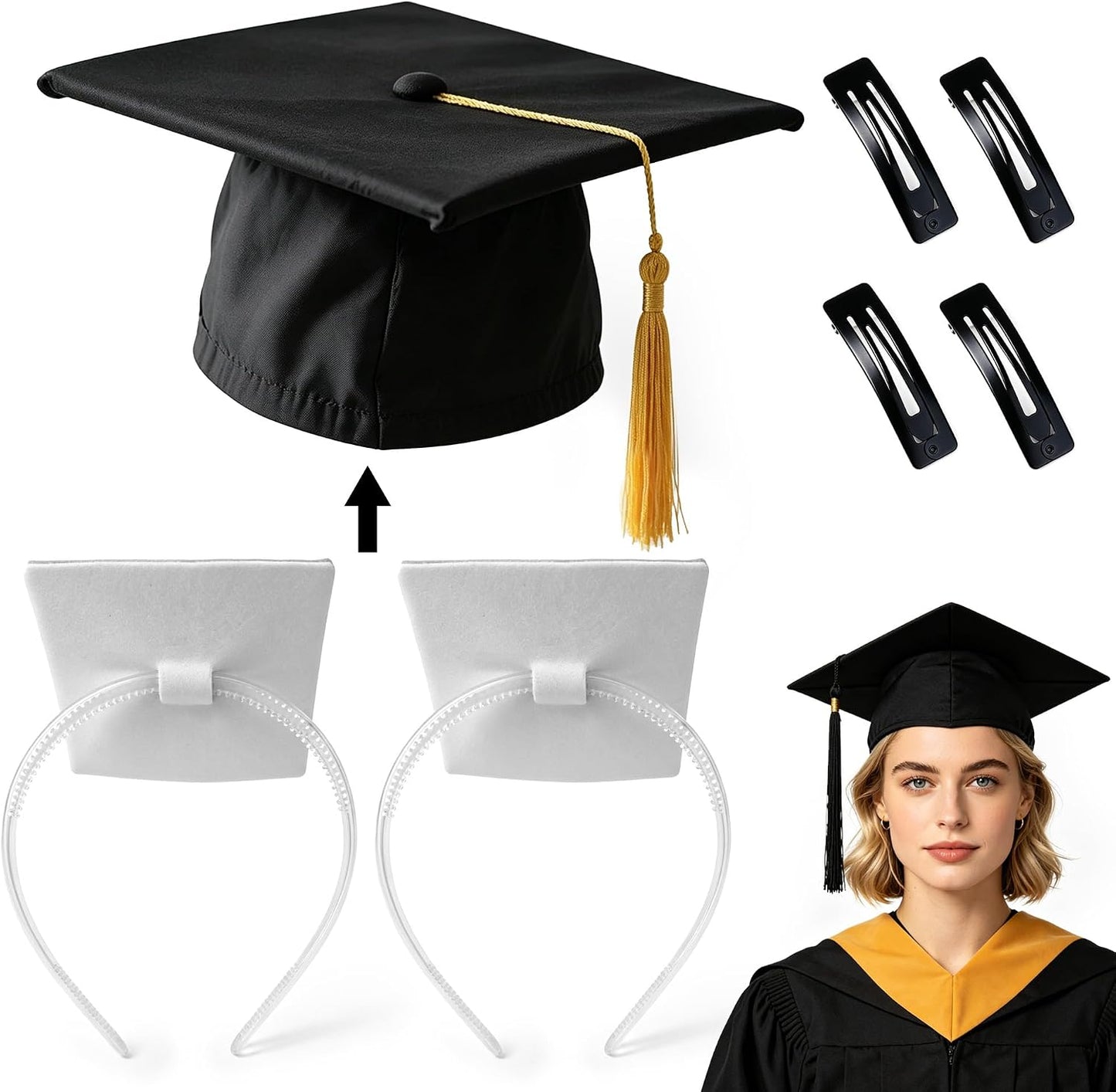 Graduation Cap Headband Kit - 2 Pack Anti-Slip Hair Band with 4 Clips for Secure Fit | Perfect for Graduates & Students