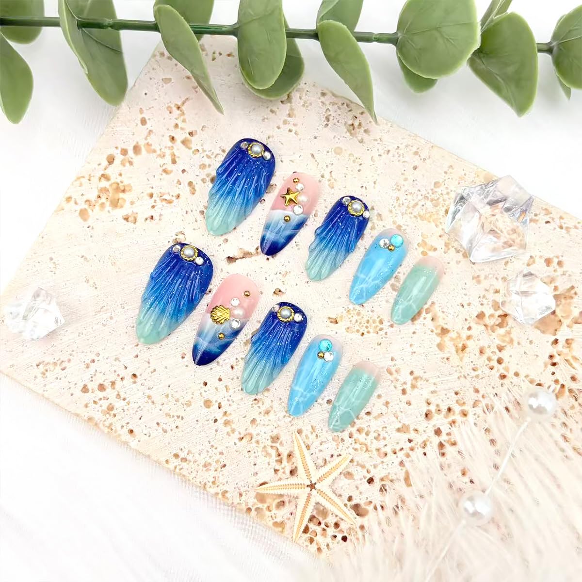 24Pcs Summer Press on Nails Medium Almond Fake Nails Blue Ocean Design 3D Gold Starfish Shell False Nails Pearl Colorful Gems Glue on Nail Glitter Summer Artificial Stick on Nails Full Cover for Women