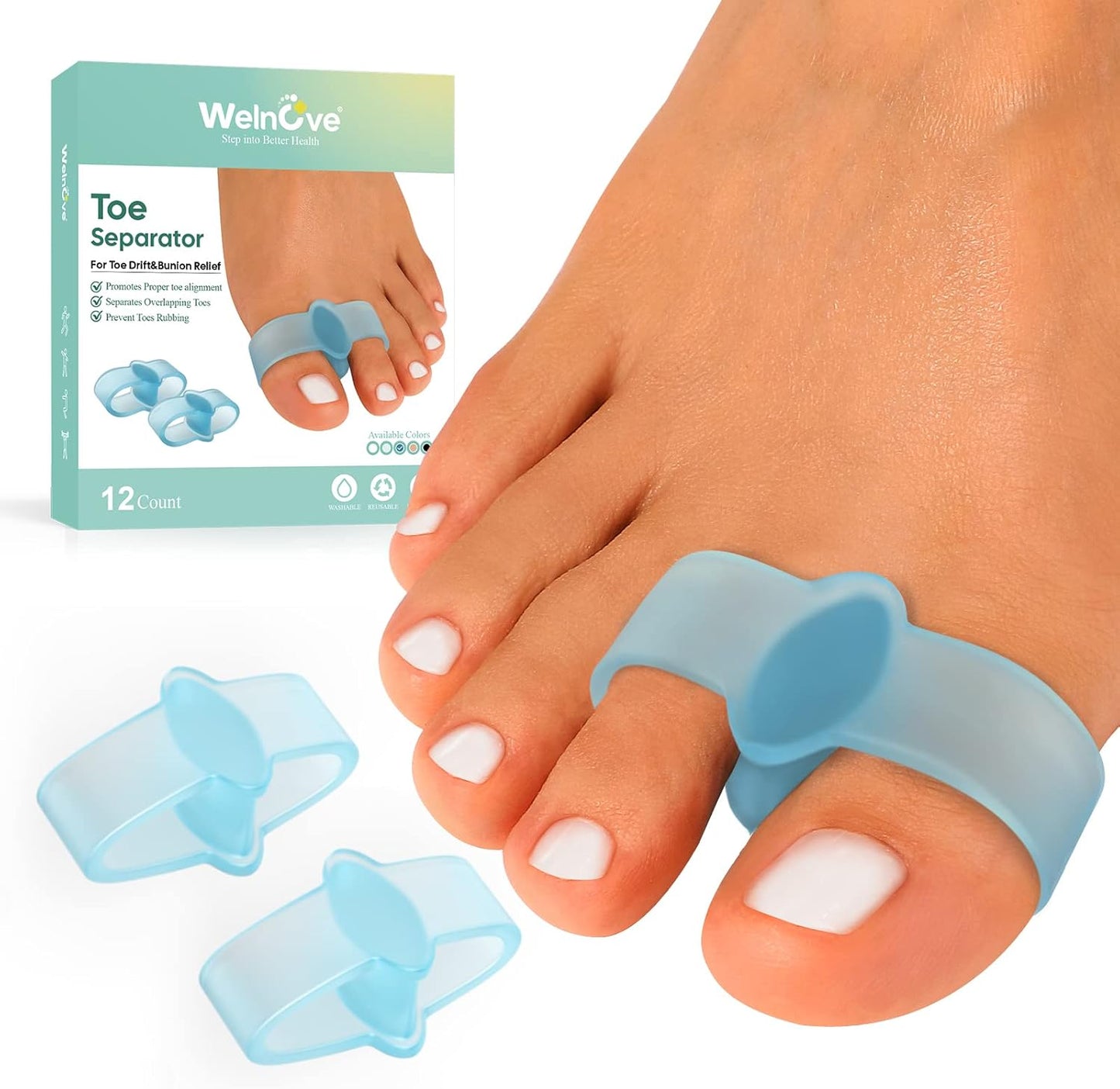 Bunion Corrector - Pack of 12 Toe Separators with 2 Loops | Big Toe Spacer with Aloe Vera Extract - Clear