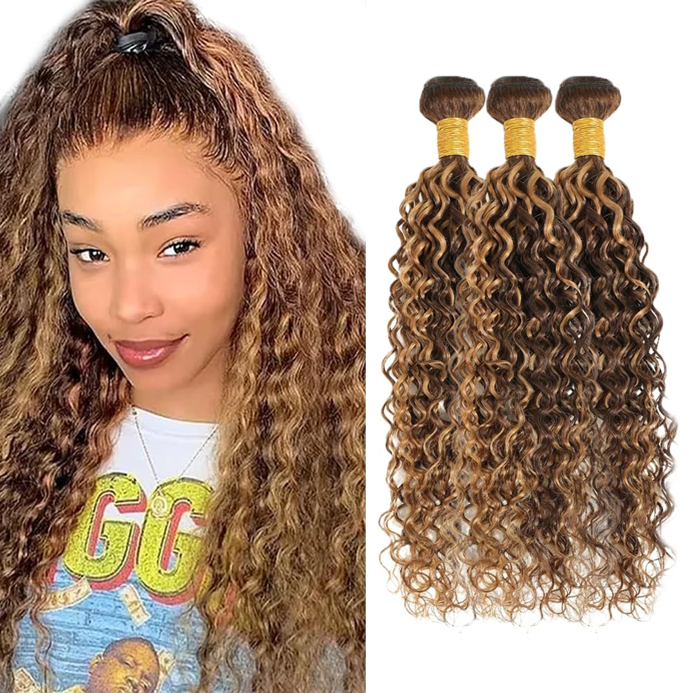 P427 Human Hair Bundles Highlight Water Wave Bundles 20 22 24 inch Dark Brown Human Hair Bundle Brown and Honey Blonde Color 150g