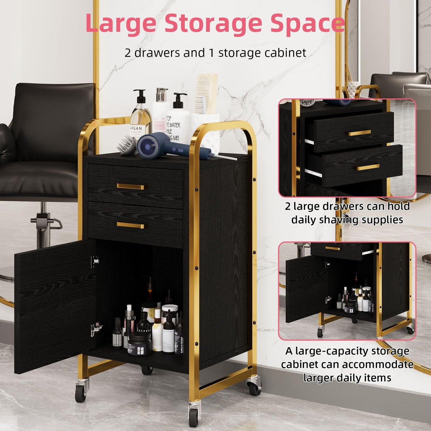 Salon Station for Hair Stylist, Rolling Salon Trolley Cart with Wheels, Beauty Barber Station with 2 Drawer & Cabinet, Mobile Storage Cabinet for Barbershop, Spa&Tattoo, Black and Gold