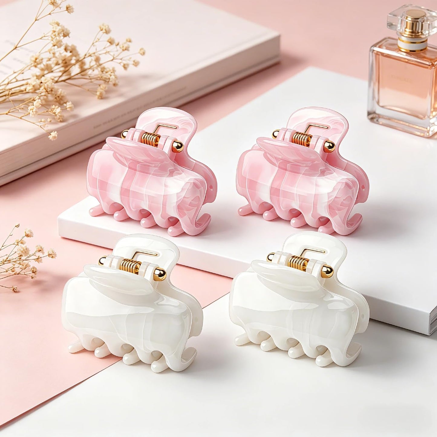 Mchaovau 4 Pcs 2 Inch Medium Acrylic Hair Claw Clips for Women Girls Thin & Thick Hair, Small Square Banana Clip, Stylish Cute Hair Accessories Set Ideal Gifts for Daily & Travel (Pink/White)