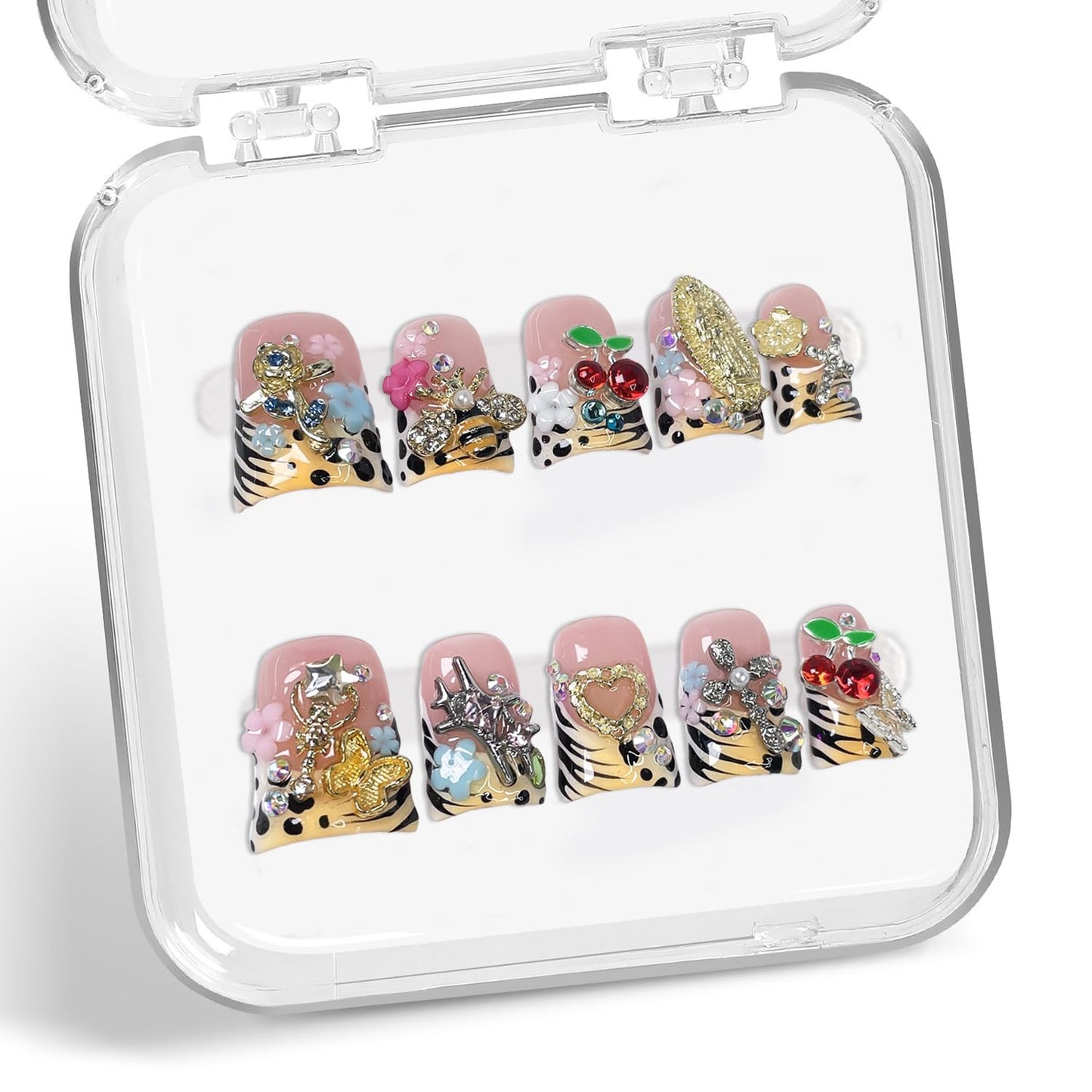 Colorful 3D Flower Press-On Nails - Handmade Thick Acrylic Full Cover | White French Tip (Medium)