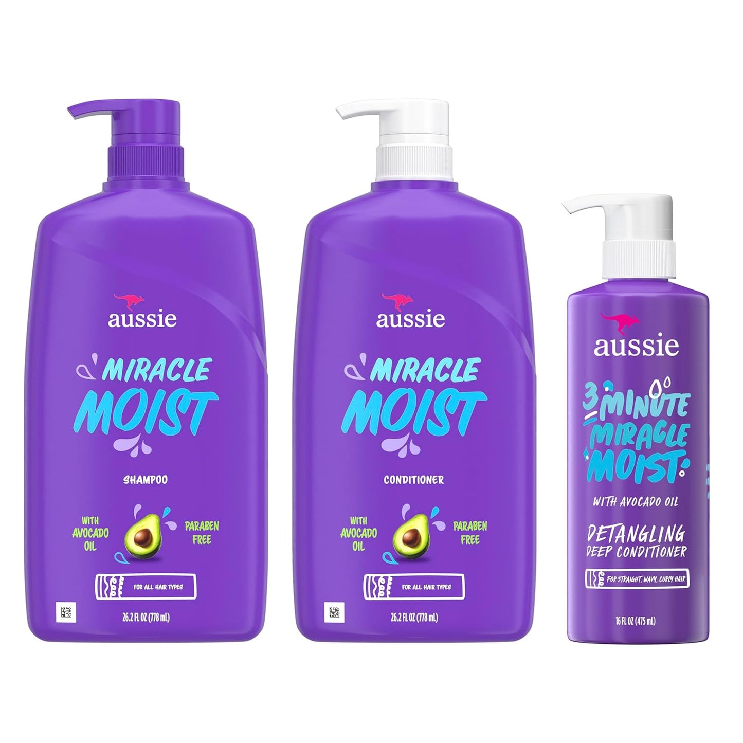 Aussie Miracle Moist Shampoo & Conditioner Set - Deep Moisturizing with Avocado & Jojoba Oil | 3 Pack, 68.4 Fl Oz