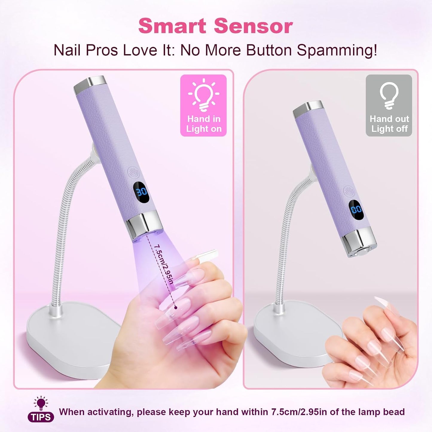 Handheld Mini Nail Lamp - Portable UV Light with Magnetic Stand & Smart Sensor | Fast Curing Gel Nails (Purple)