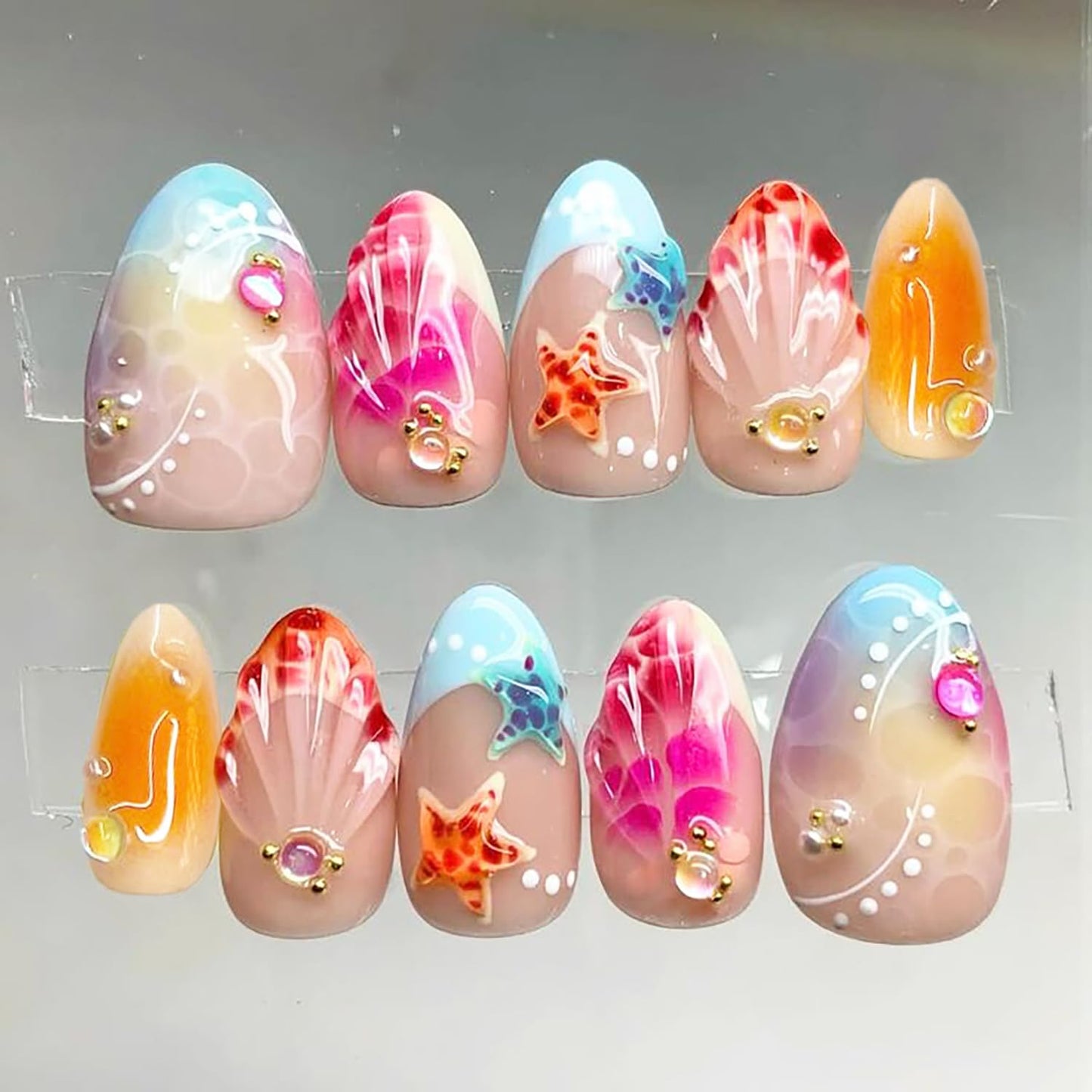 Almond Press-On Nails - 24Pcs Medium Length Gold Star Designs | Full Cover Nude Gradient Acrylic with Rhinestones