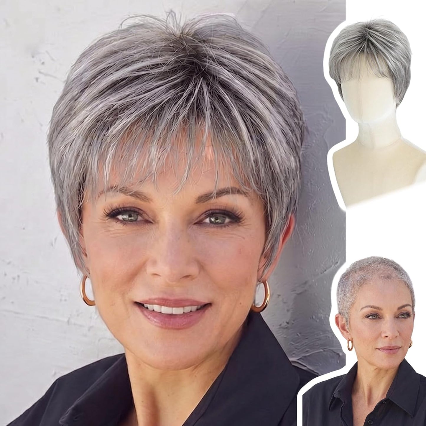 Short Pixie Wig for Women | Curly Ash Blonde with Dark Roots - Heat-Resistant Synthetic Wig with Bangs, Lightweight Cap