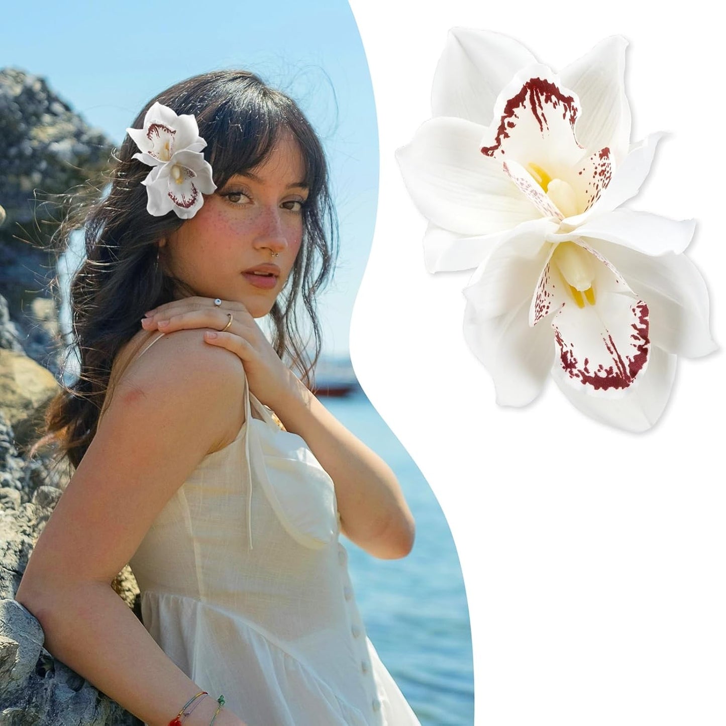 Hawaiian Flower Hair Clips - Artificial Orchid Hair Accessories for Vacation, Beach Parties & Weddings | White