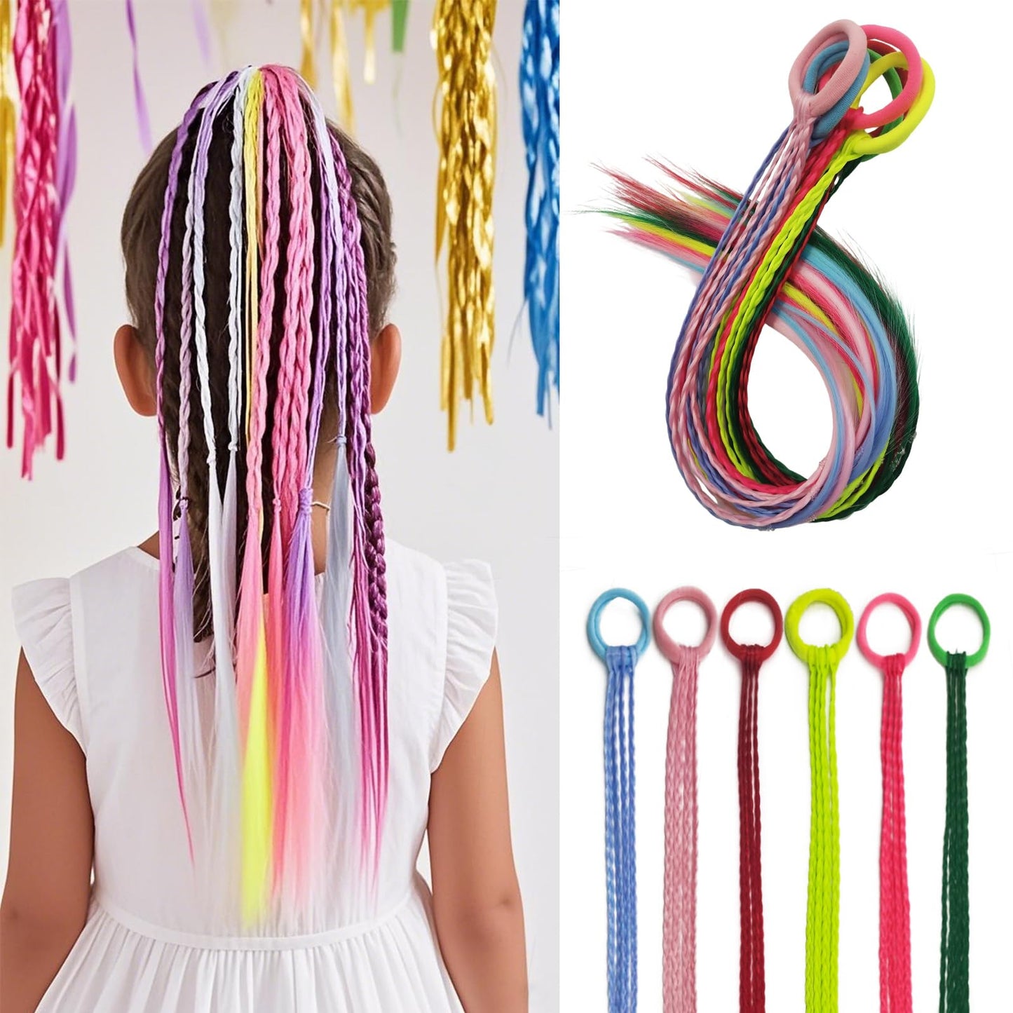 6-Pack 16-Inch Solid Color Braided Hair Extensions for Women – Elastic Tie-On Synthetic Braids – Cute Ponytail Hairpieces – Easy to Wear for Daily Styling, Parties & Gifts