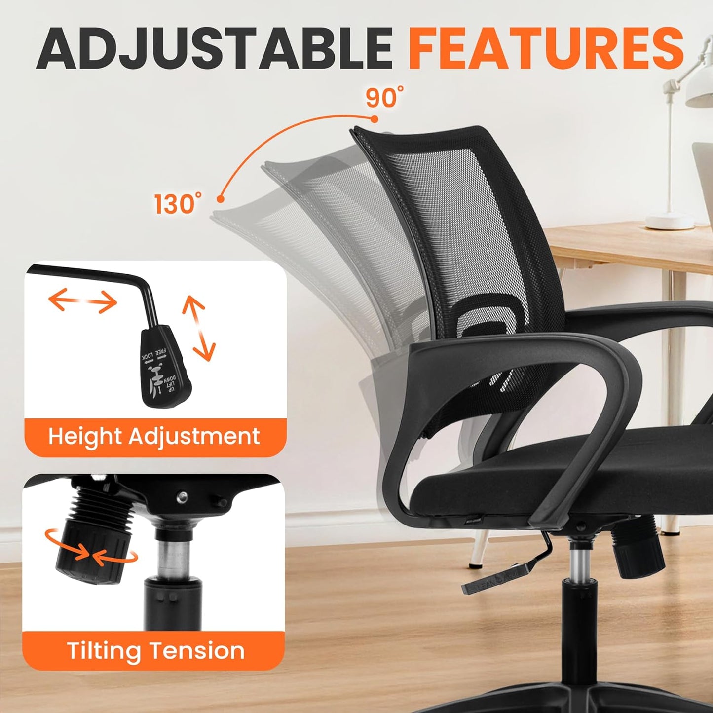 Ergonomic Office Desk Chair - Mesh Gaming Cushion Seat with Adjustable Height & Lumbar Support | Black