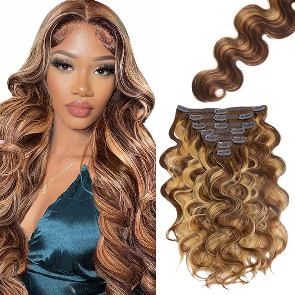P427 Blonde Clip in Hair Extensions Real Human Hair, 22 Inch 120g/7Pcs,Full Shine Remy Human Hair,Highlight Brown Body Wave Clip ins Brazilian Virgin Human Hair Extensions
