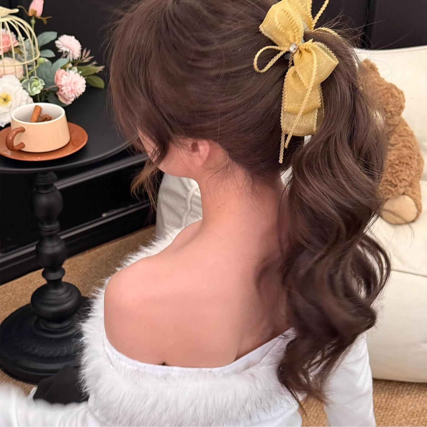 Banana Clips for Women - Cute Satin Polka Dot Hair Bow Claw Clips | Perfect for Thick & Thin Hair - Seersucker Yellow