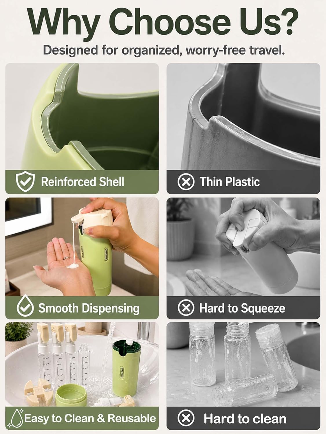 Travel Dispenser Bottle - 4 in 1 TSA Approved Leak Proof Toiletry Containers for Shampoo, Conditioner, Lotion & Skincare | Easy Clean Travel Bottles