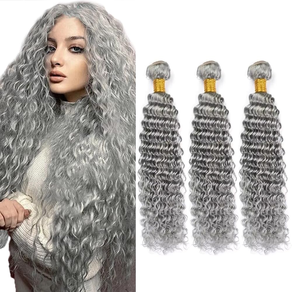 24 26 28 Inch Grey Bundles Human Hair Deep Wave 3 Bundles Brazilian Remy Hair 50 Grams/Bundle 10A Grade Unprocessed Virgin Hairs Silver Grey Deep Wave Bundle Weaves Extensions