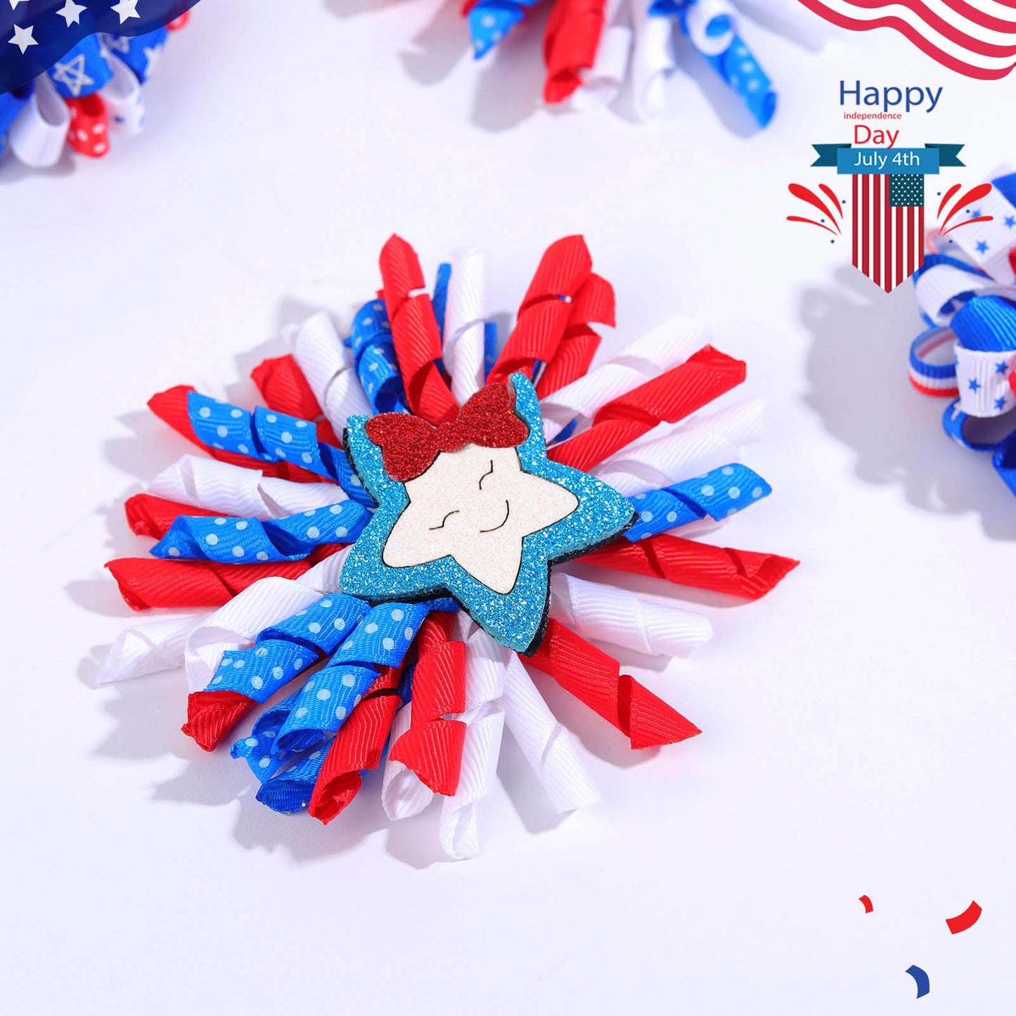 OAOLEER 4th of July American Flag Hair Bow Clips, Blue White Red Grosgrain Ribbon Alligator Bow, Kids Girls Women Hair Accessories For Party Supplies (Blue White Red-B)