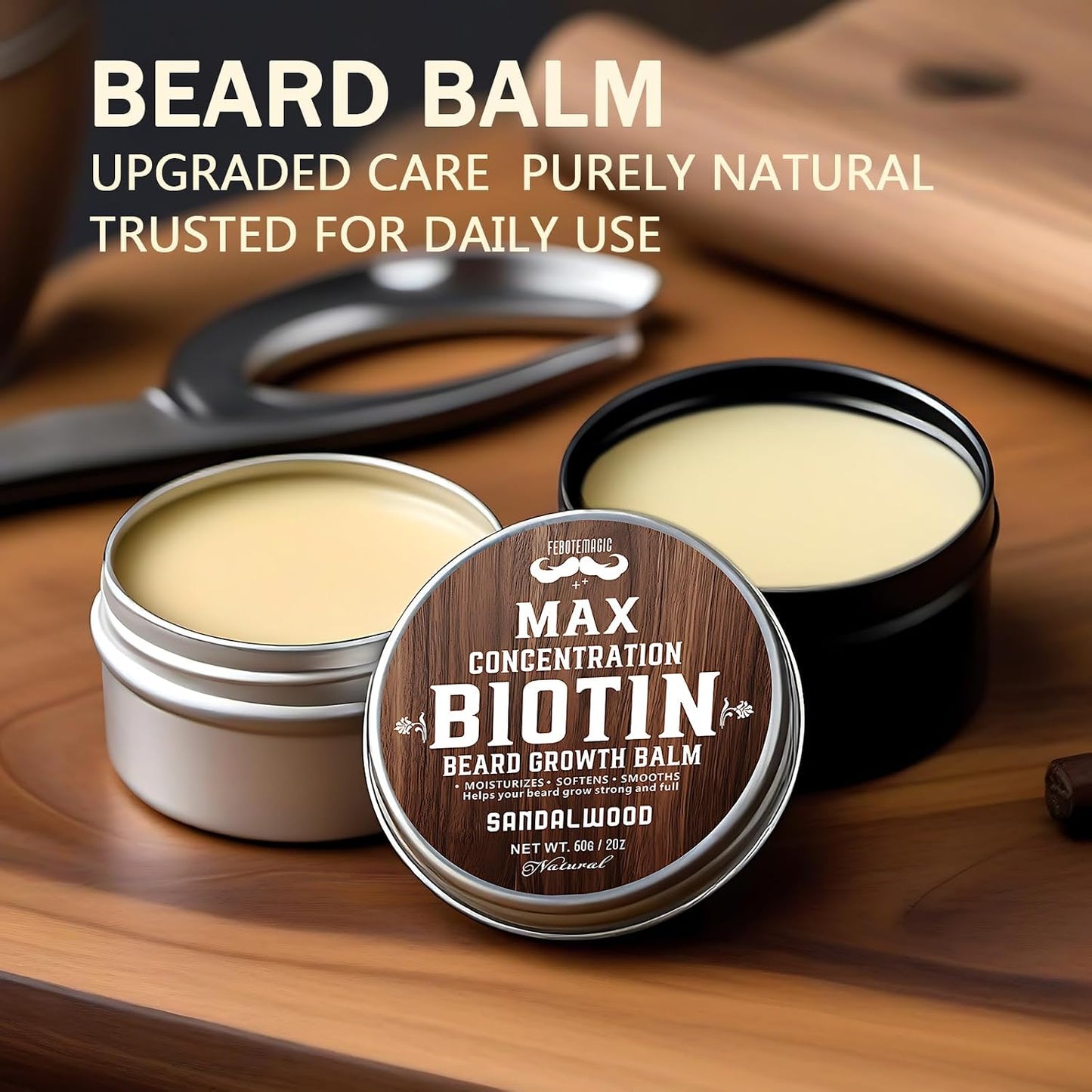 Biotin Beard Balm Set for Men - Natural Sandalwood Butters | Moisturize & Shape Beards - Perfect Grooming Gift