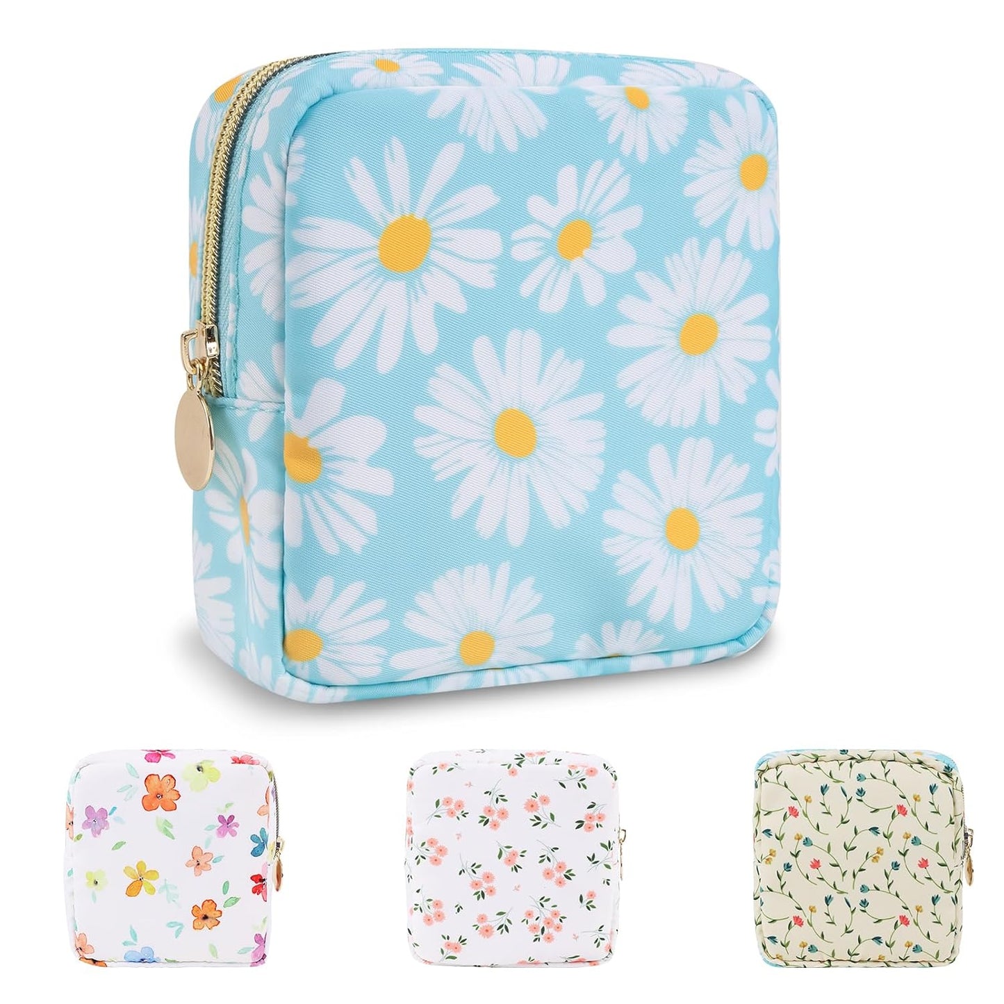 Waterproof Mini Floral Makeup Bag - Nylon Travel Pouch for Women | Cute Zipper Toiletry Organizer (Mini White-Flowers)