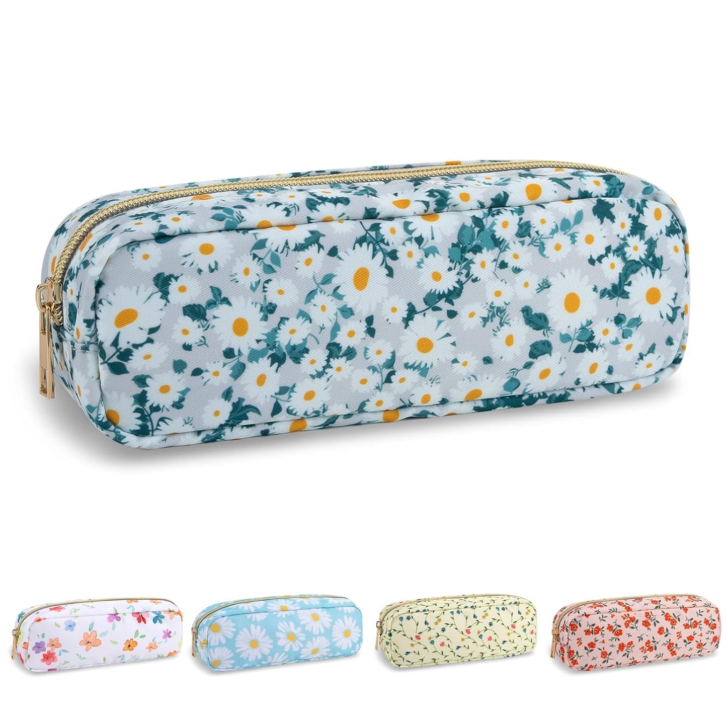 Waterproof Mini Floral Makeup Bag - Nylon Travel Pouch for Women | Cute Zipper Toiletry Organizer (Mini White-Flowers)