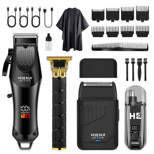 HIENA PRO Professional Hair Clipper Set for Men, Cordless Barber Trimmer and Electric Foil Shaver, Nose Hair Trimmer, Hair Cutting Kit, R-Type Adjustable Blade, LED Display, USB Charging