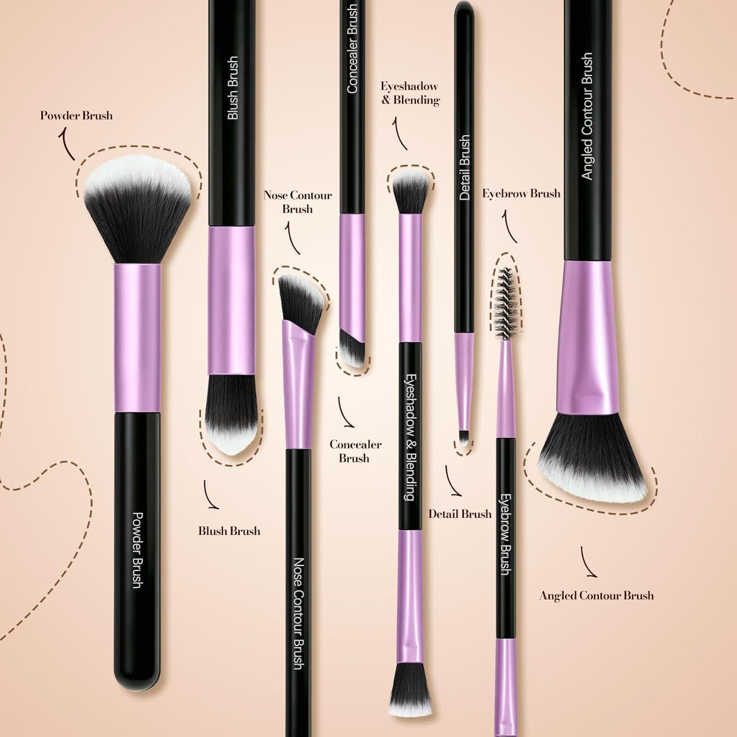 Makeup Brush Set - Premium Synthetic Brushes with 2 Puffs | 8-Piece Kit for Powder, Concealers, Eyeshadows, Blush - Perfect for Beginners & Travel (Purple)